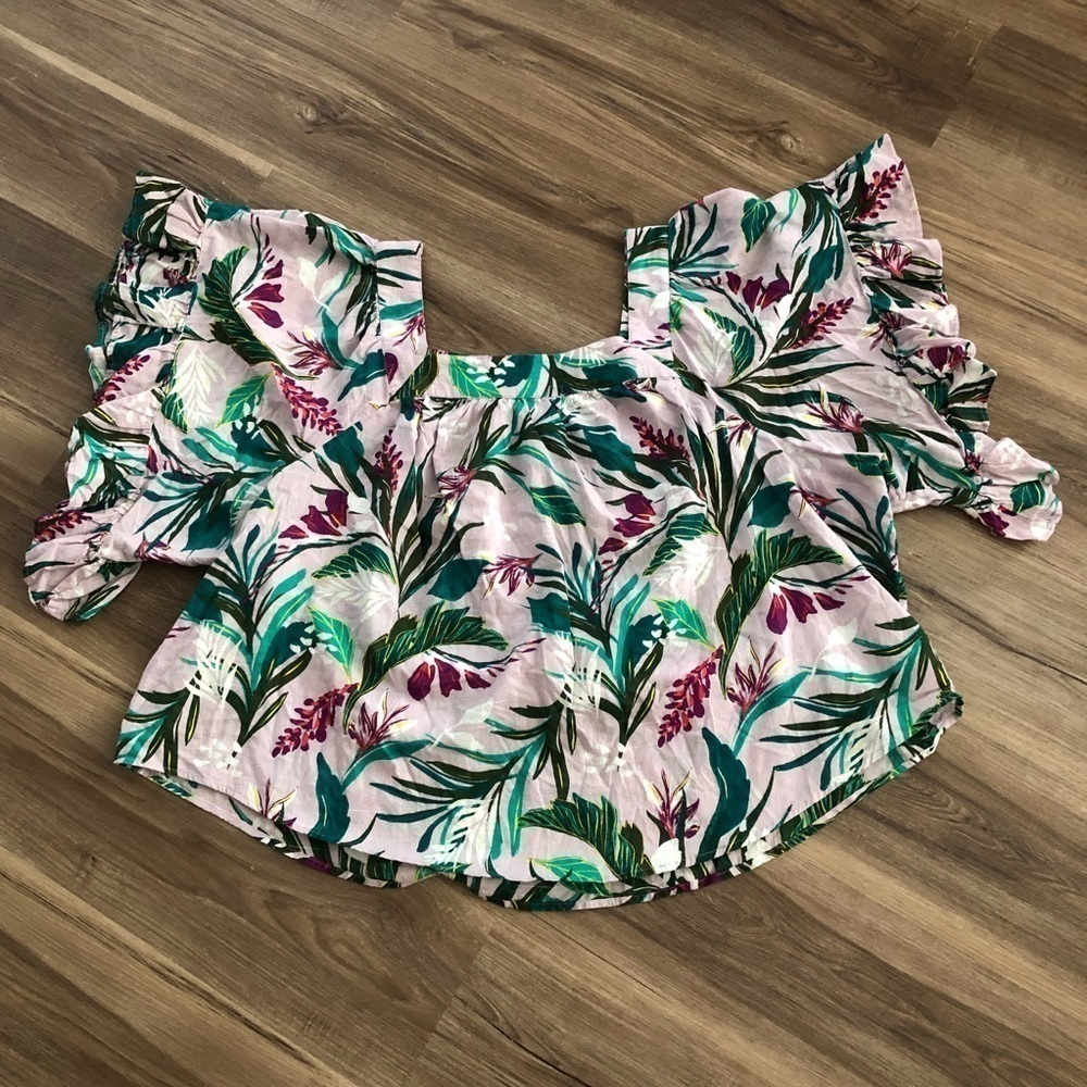 Terra & Sky Women’s Lilac Floral Leaf Print Flare Sleeve Square Neck Top Size 3X